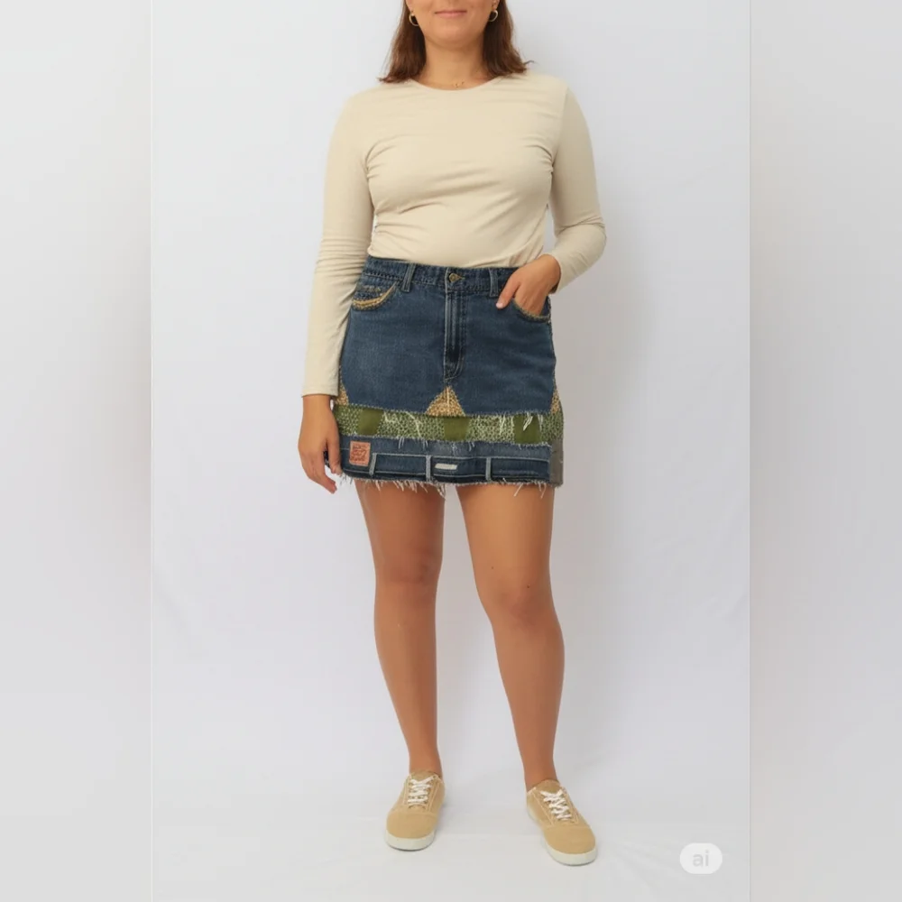 Upcycled Molly Made It Blue & Green Jeans Skirt For Any Age - Picture 3 of 14